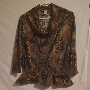 Ladies Large Tan and Black Chic Vintage Safari Patterned Cowl Neck Top
